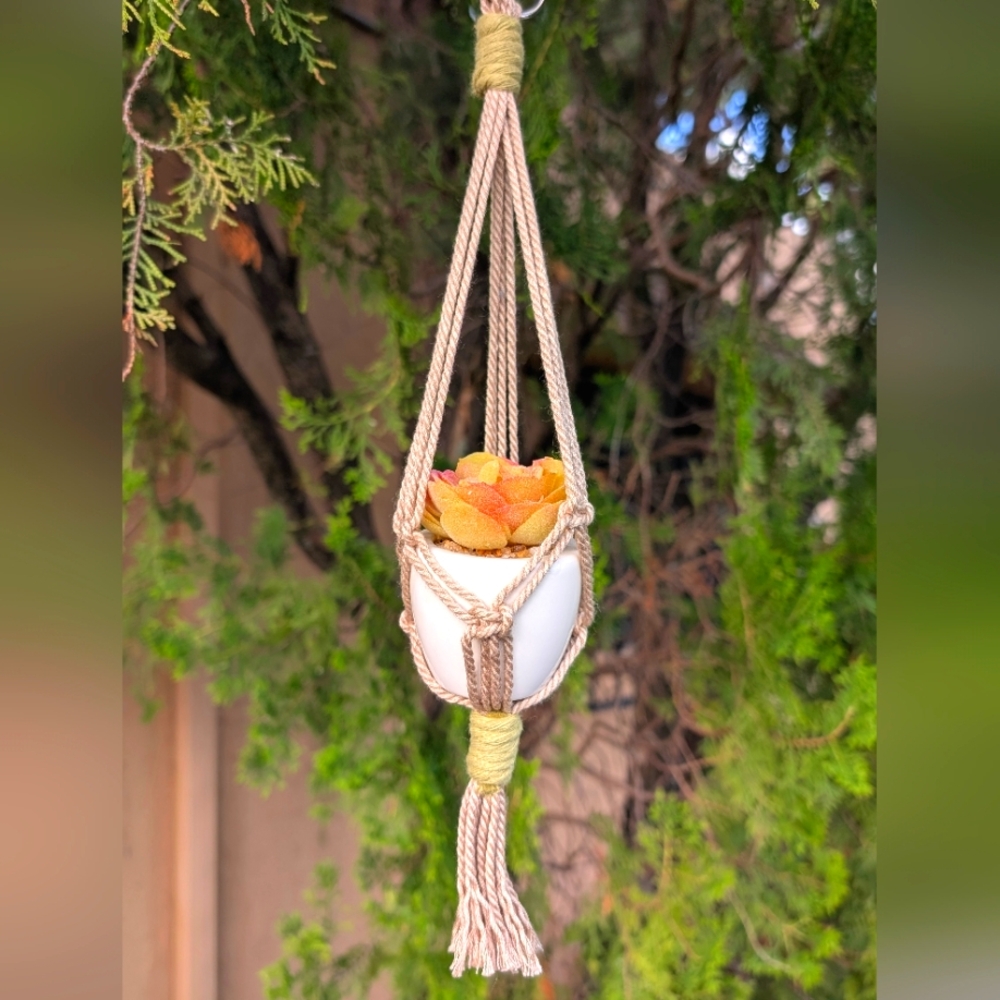 Macrame Car Charm Plant Hanger With Artificial Succulent